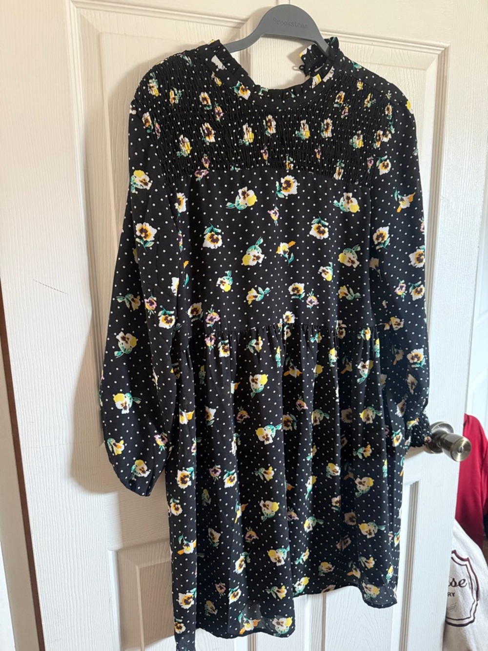 Sheer Black Floral Smocked Yoke Long-Sleeve Casual Dress